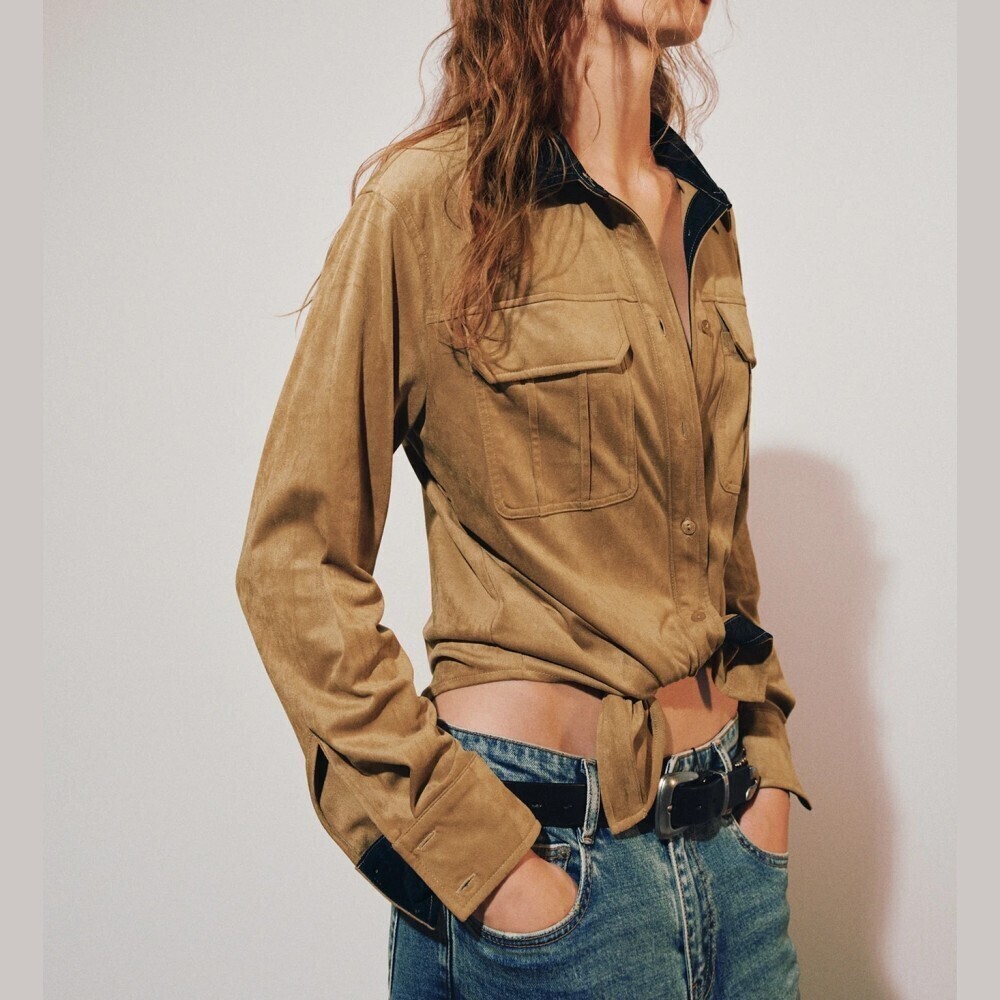 Tan Faux Suede Contrast Collar Flap Pocket Button Front Shirt